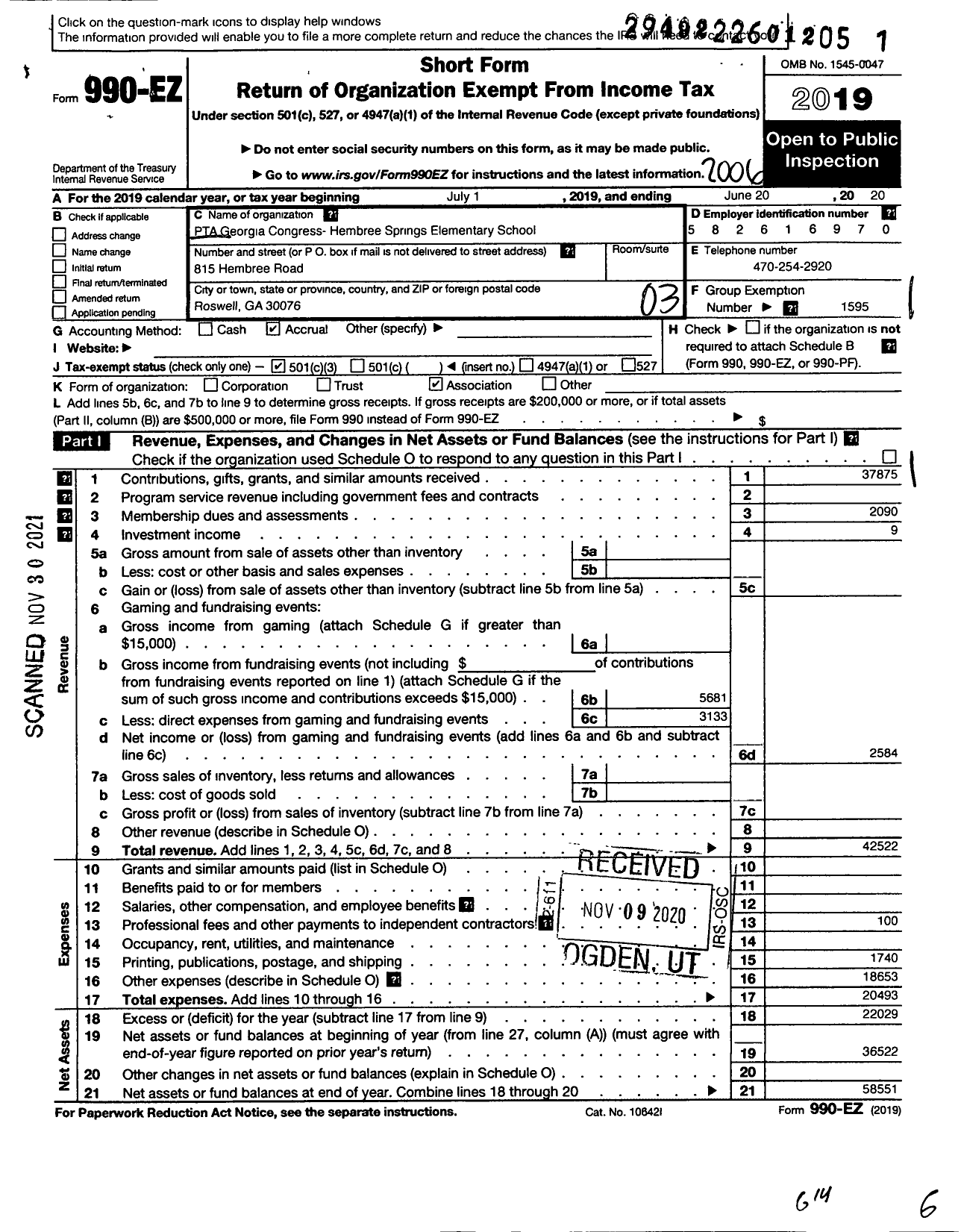 Image of first page of 2019 Form 990EZ for Georgia PTA - Hembree Springs Es PTA