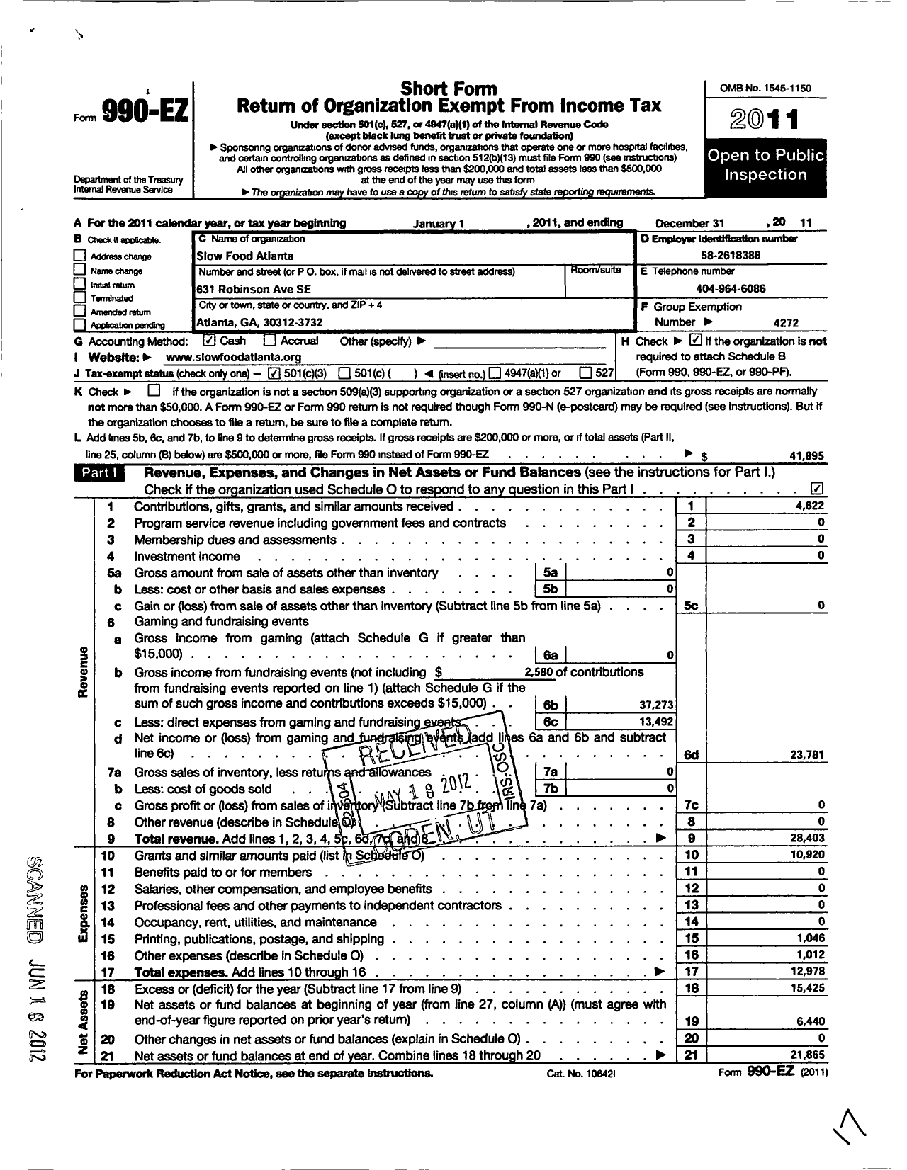 Image of first page of 2011 Form 990EZ for Slow Food USA / Slow Food Atlanta