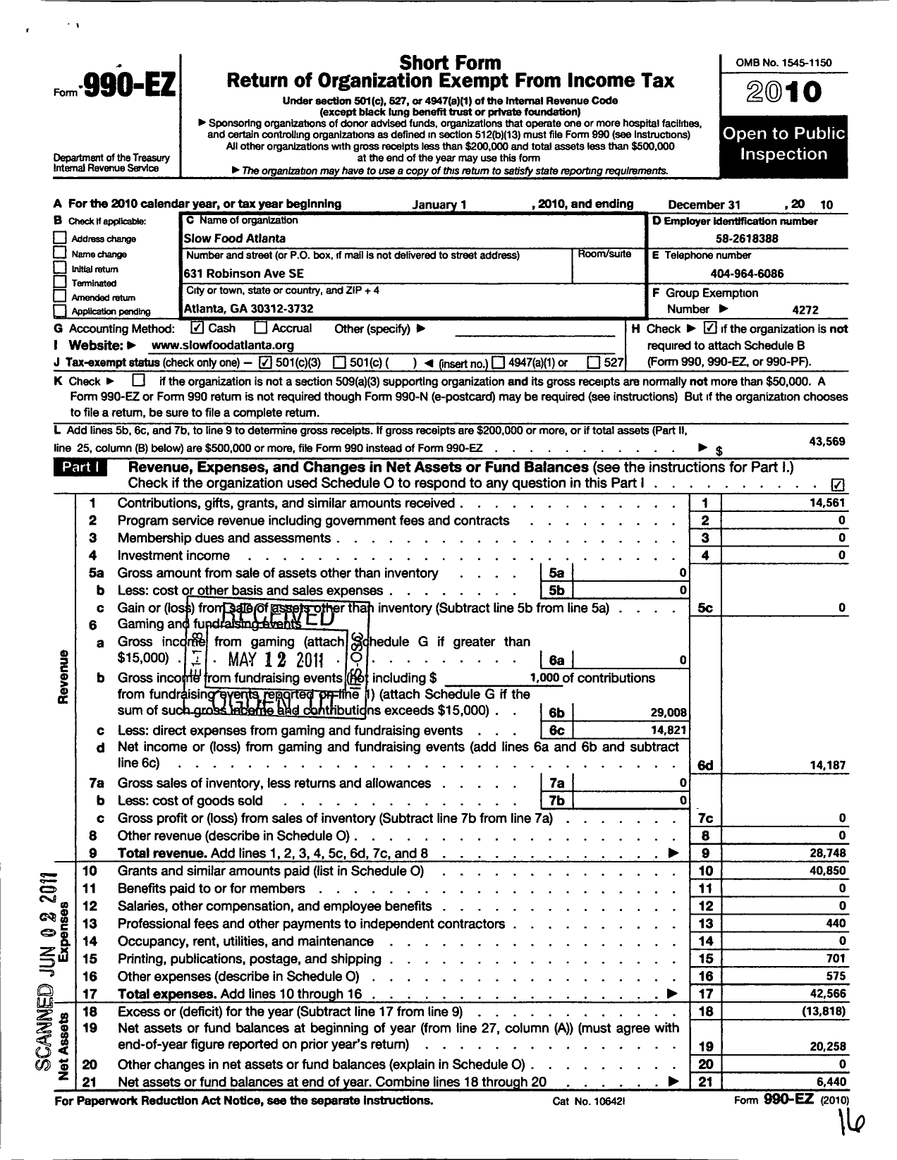 Image of first page of 2010 Form 990EZ for Slow Food USA / Slow Food Atlanta