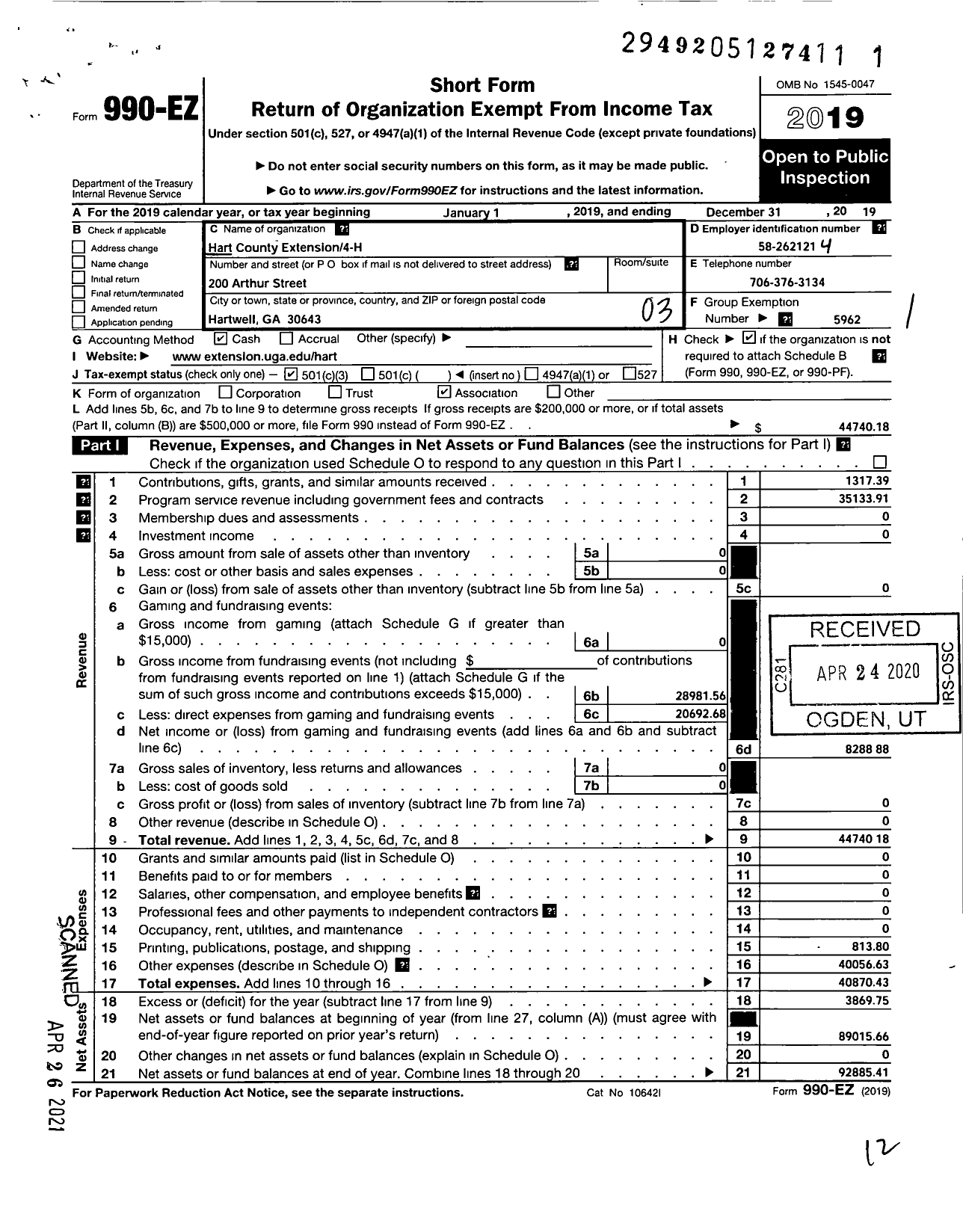 Image of first page of 2019 Form 990EZ for Georgia Extension 4-H Foundation / Hart County 4-H Extension