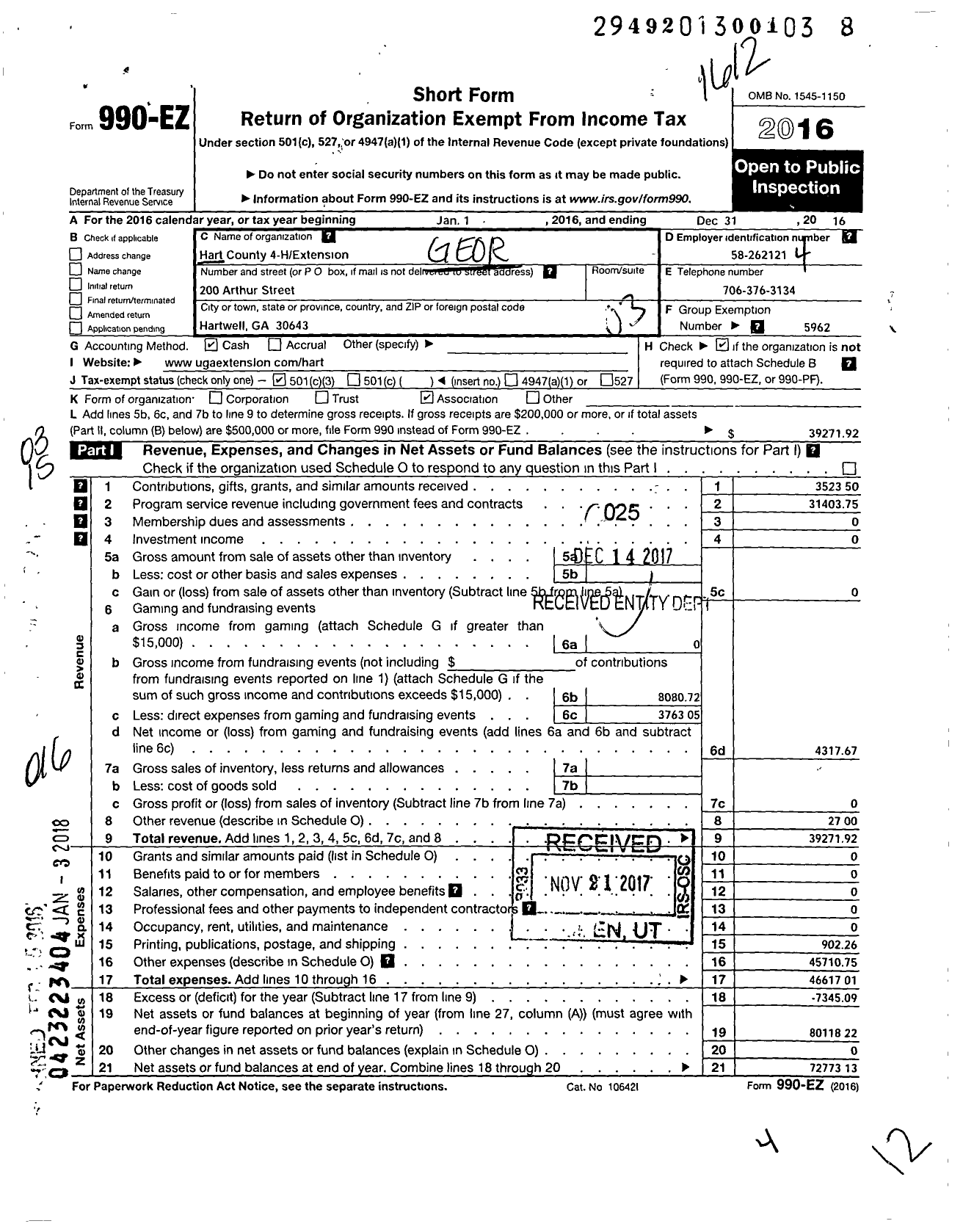 Image of first page of 2016 Form 990EZ for Georgia Extension 4-H Foundation / Hart County 4-H Extension