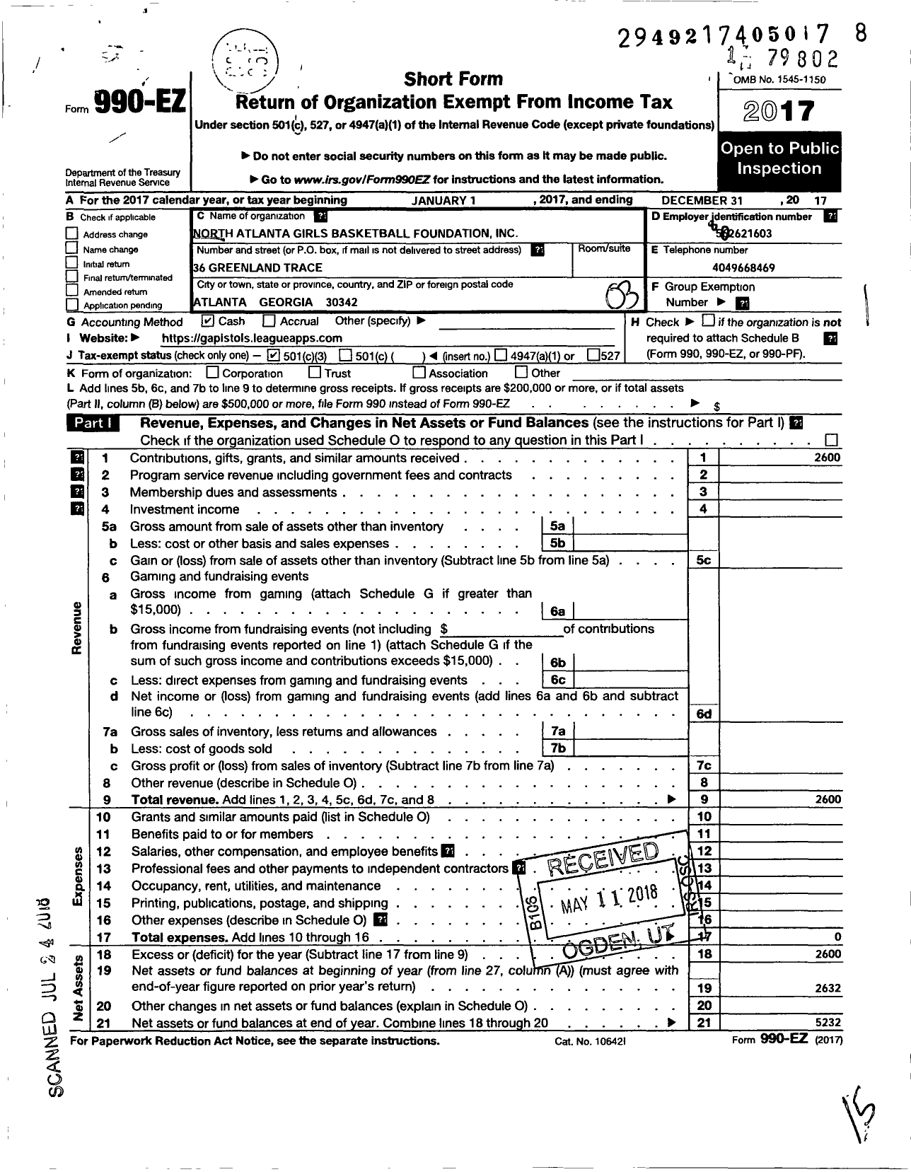 Image of first page of 2017 Form 990EZ for North Atlanta Girls Basketball Foundation