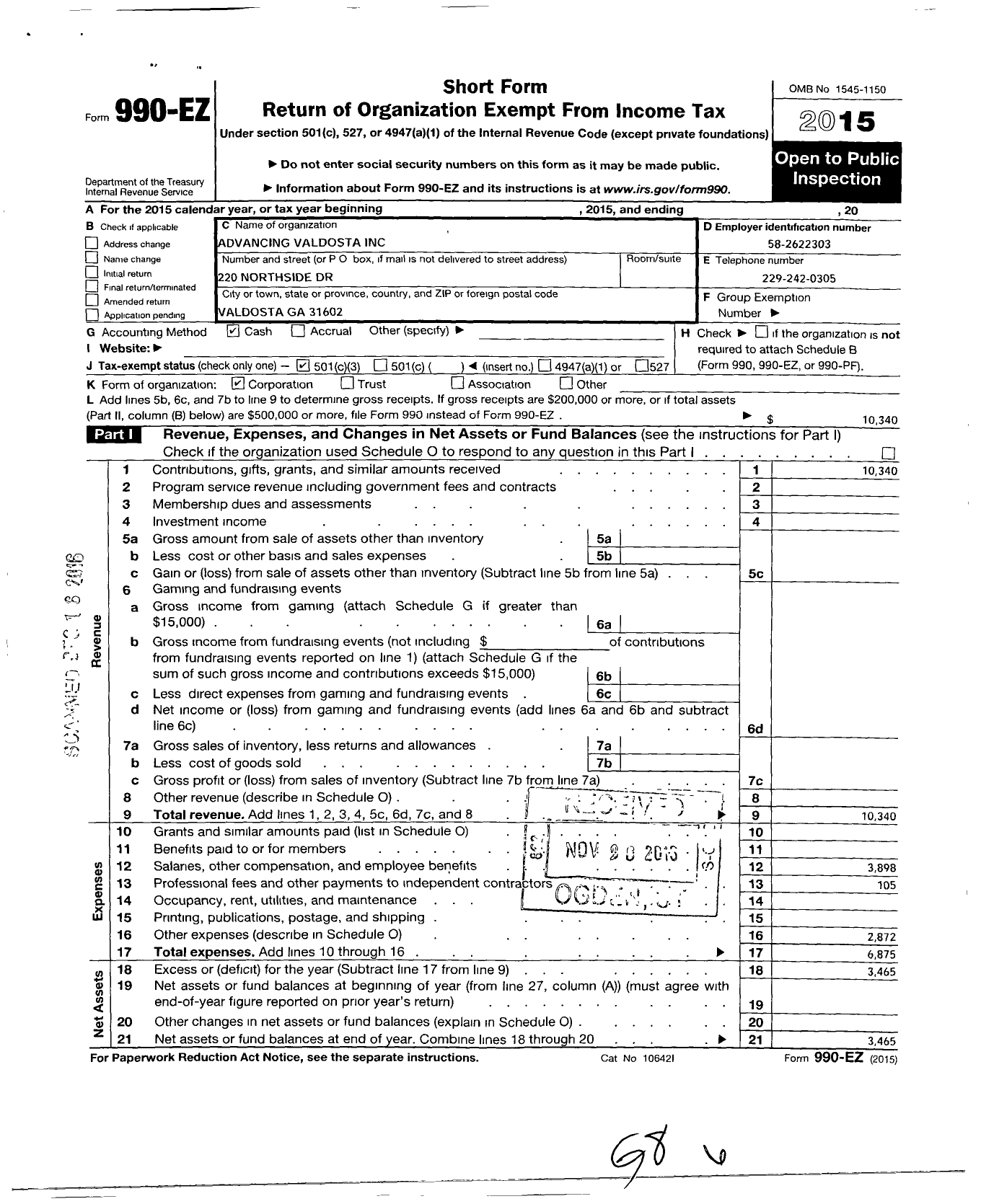 Image of first page of 2015 Form 990EZ for Advancing Valdosta