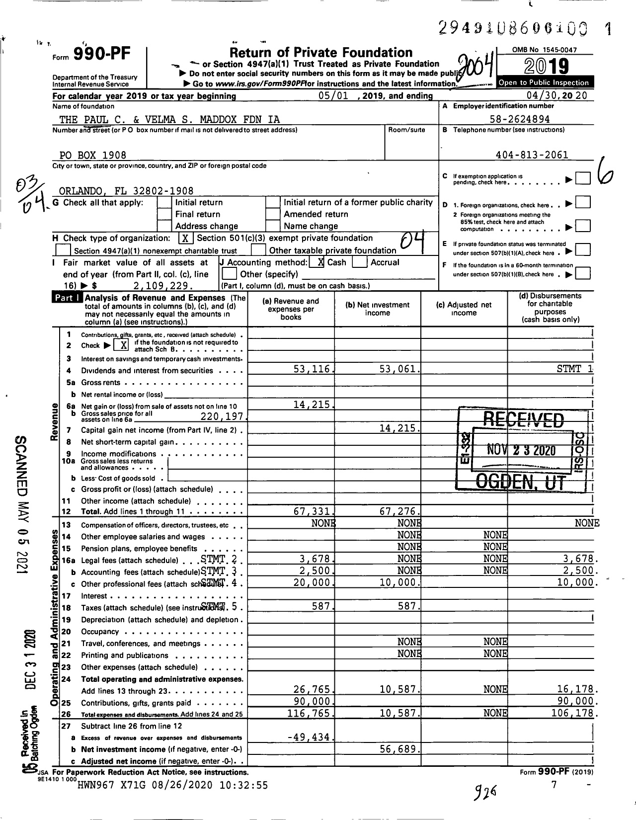 Image of first page of 2019 Form 990PF for The Paul C and Velma S Maddox Foundation Ia