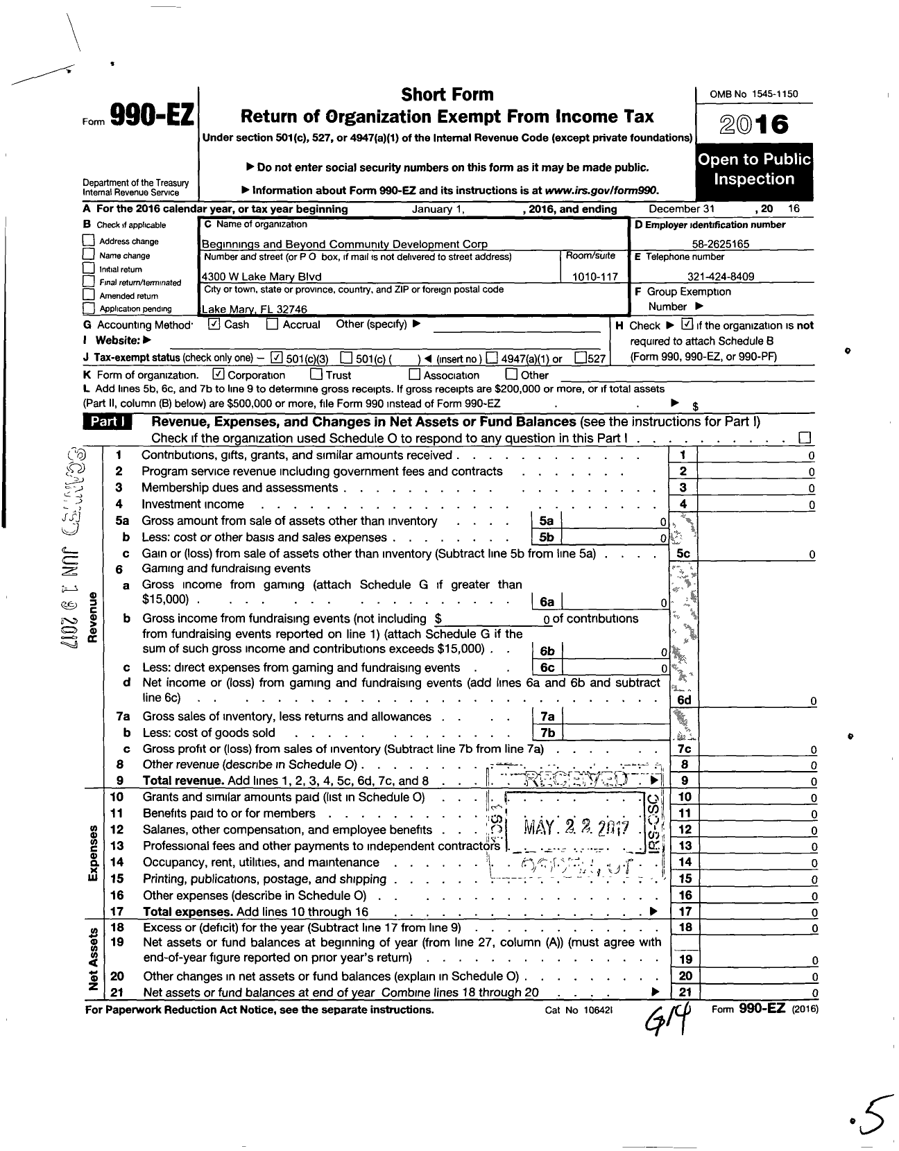 Image of first page of 2016 Form 990EZ for Beginnings and Beyond Community Development Corporation