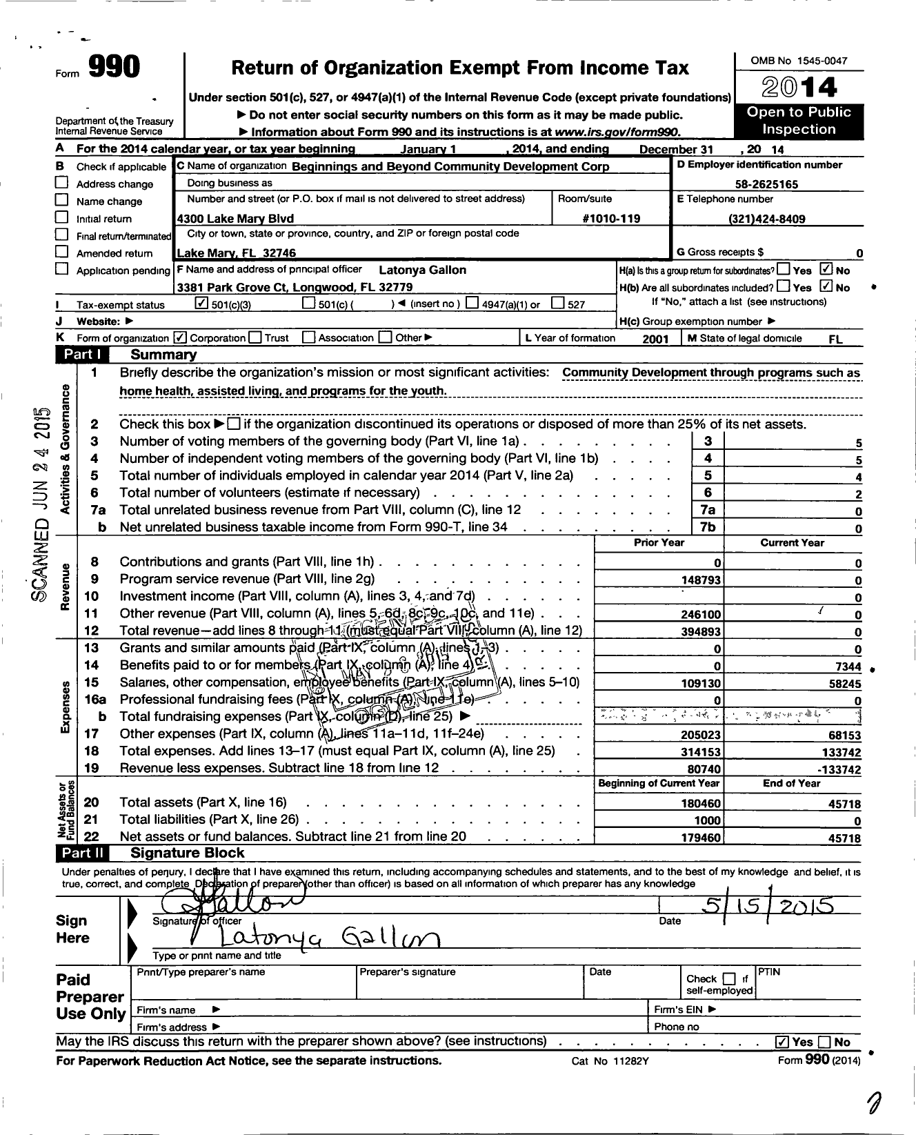 Image of first page of 2014 Form 990 for Beginnings and Beyond Community Development Corporation