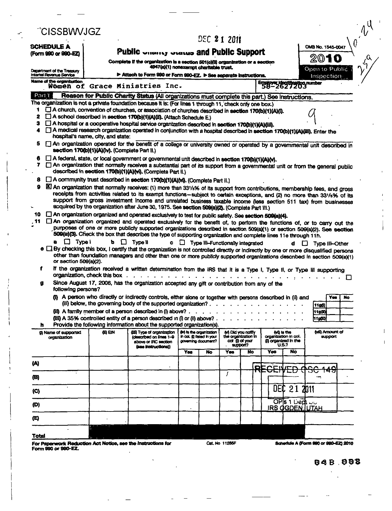 Image of first page of 2010 Form 990ER for Women of Grace Ministries