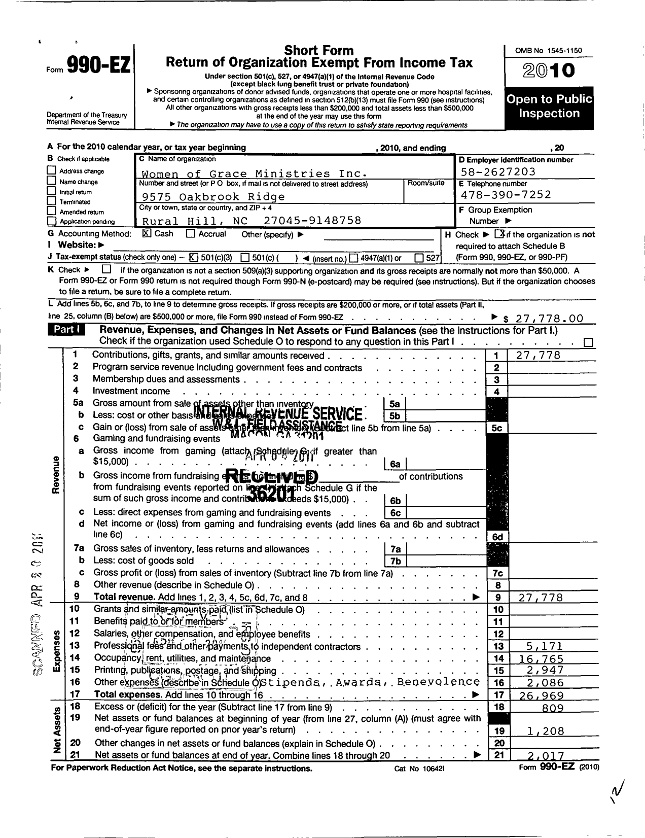 Image of first page of 2010 Form 990EZ for Women of Grace Ministries