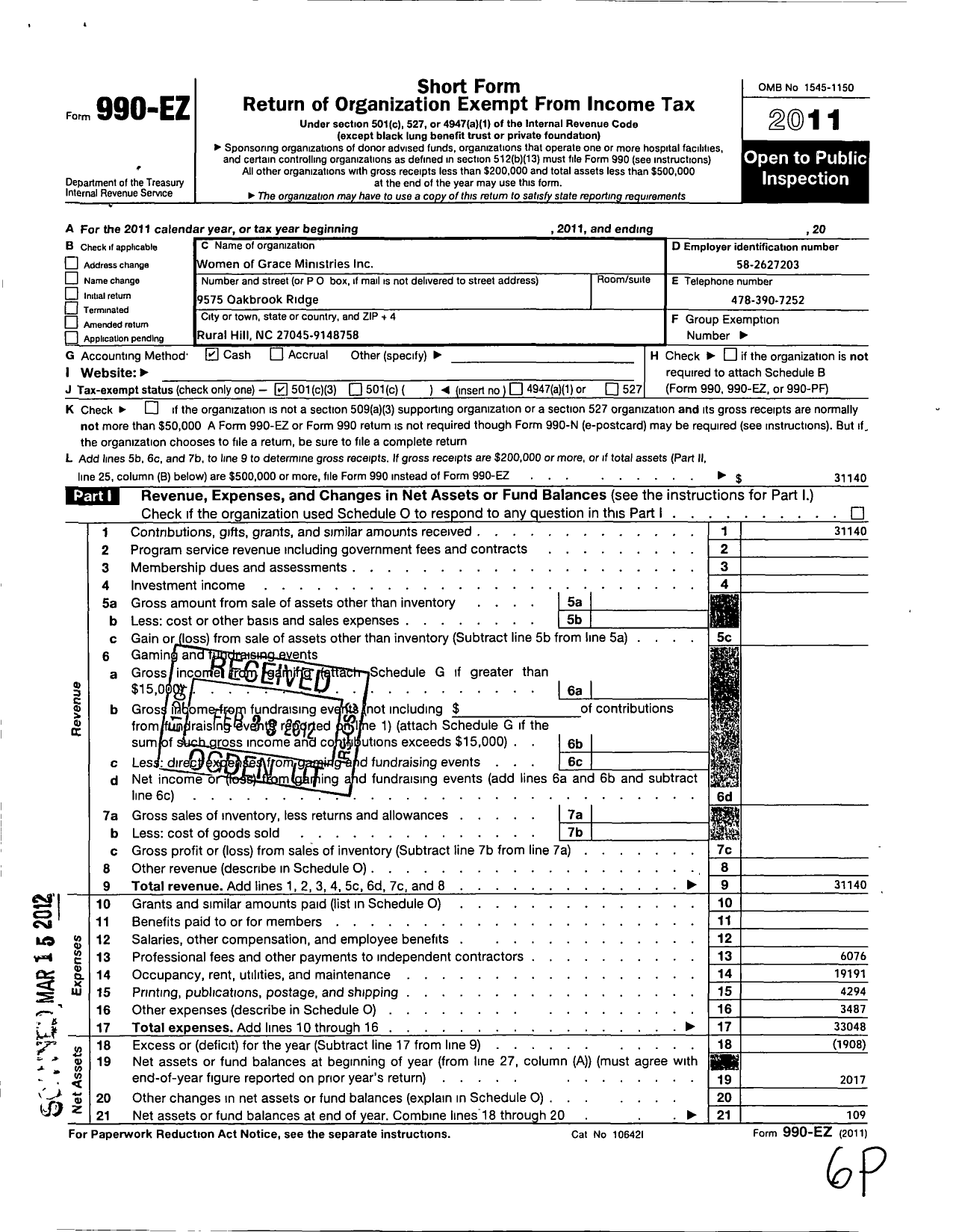 Image of first page of 2011 Form 990EZ for Women of Grace Ministries