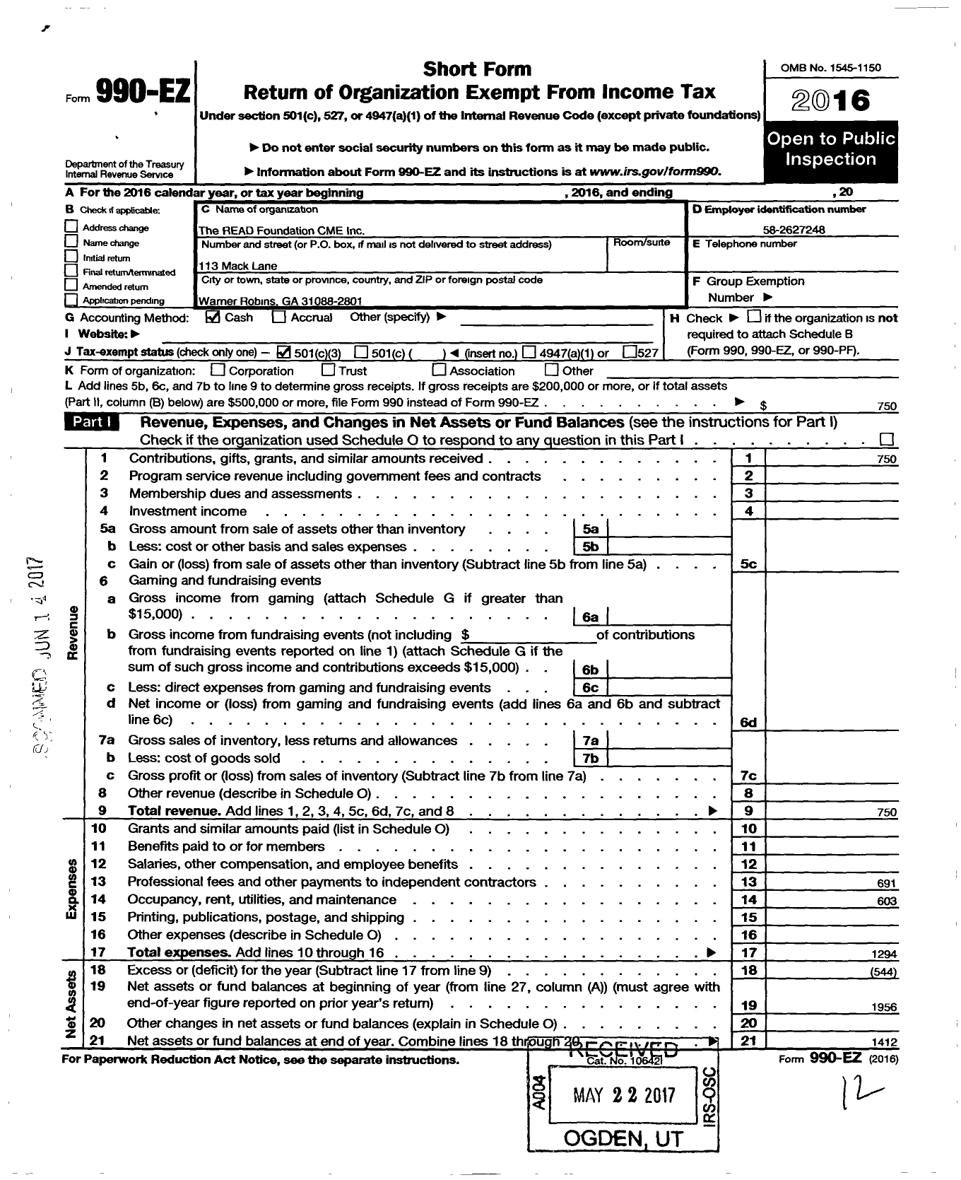 Image of first page of 2016 Form 990EZ for Read Foundation Cme