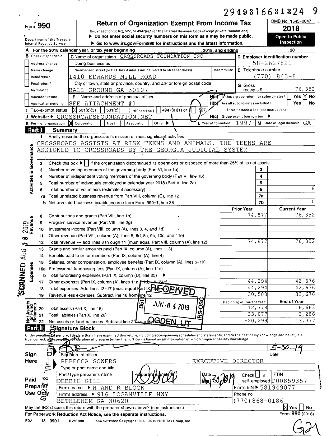 Image of first page of 2018 Form 990 for Crossroads Foundation