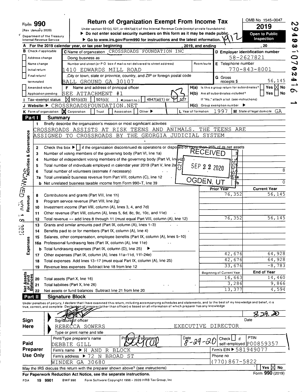 Image of first page of 2019 Form 990 for Crossroads Foundation