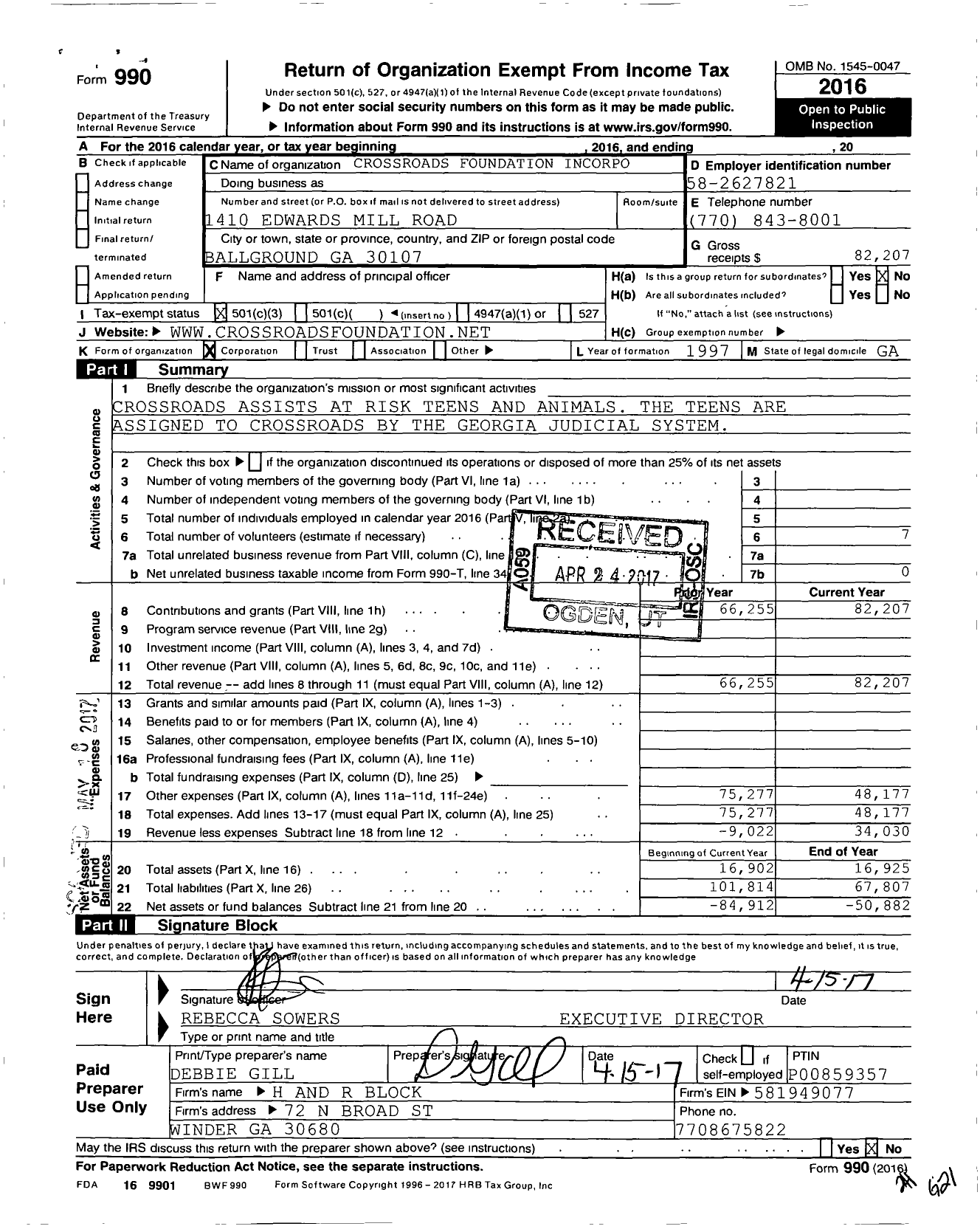 Image of first page of 2016 Form 990 for Crossroads Foundation