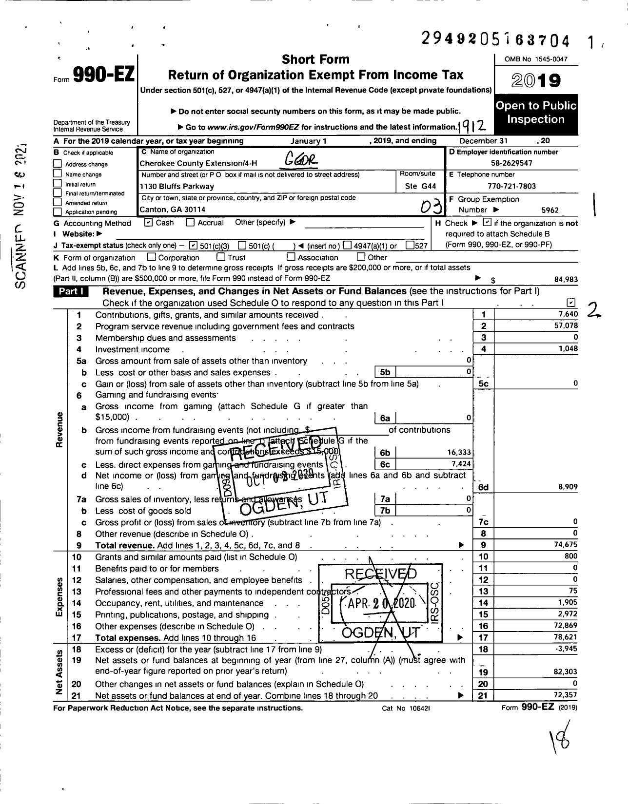 Image of first page of 2019 Form 990EZ for Cherokee County Extension 4-H