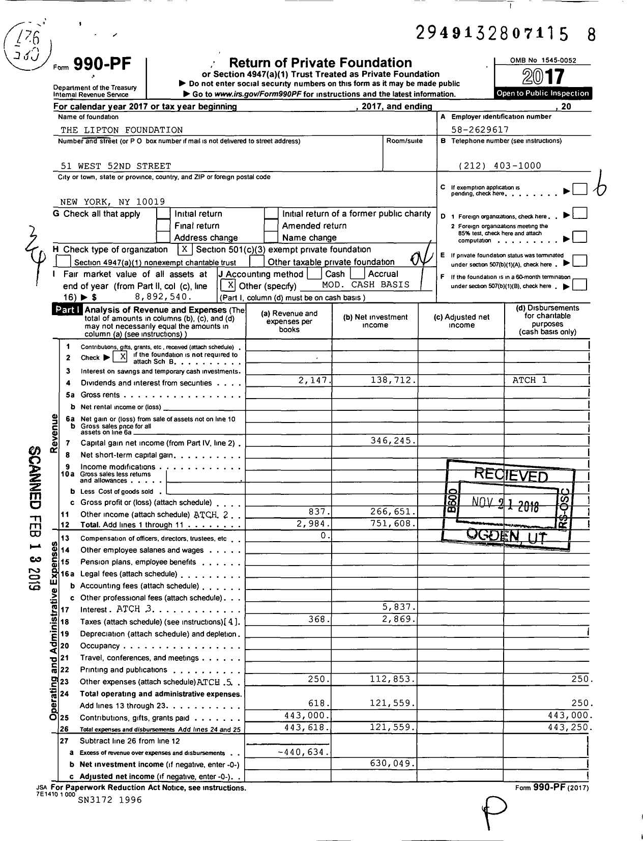 Image of first page of 2017 Form 990PF for The Lipton Foundation