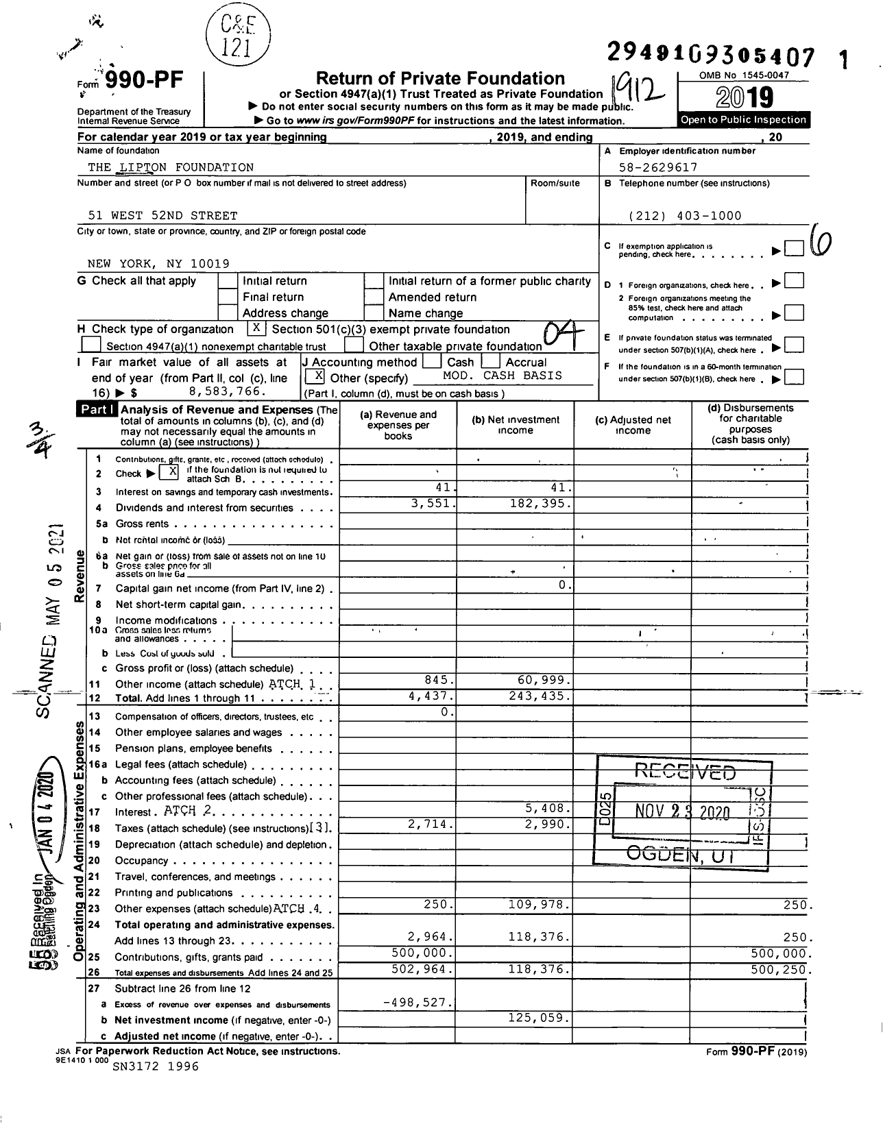 Image of first page of 2019 Form 990PF for The Lipton Foundation