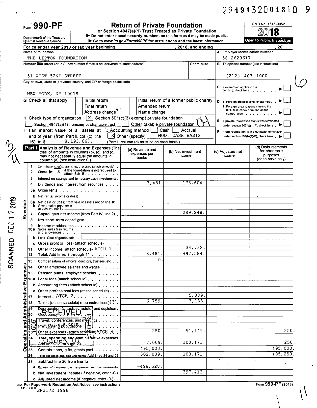 Image of first page of 2018 Form 990PF for The Lipton Foundation