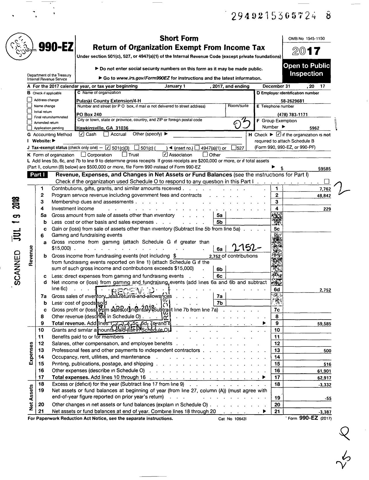 Image of first page of 2017 Form 990EZ for Pulaski County Extension4-H