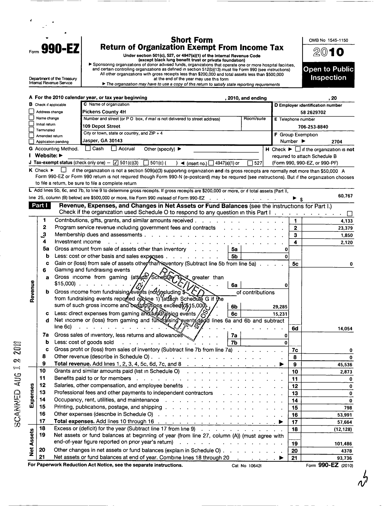 Image of first page of 2010 Form 990EZ for Georgia Extension 4-H Foundation / Pickens County Extension 4-H