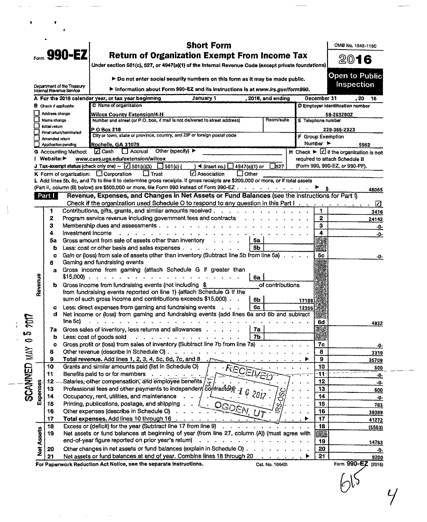 Image of first page of 2016 Form 990EZ for Georgia Extension 4-H Foundation / Wilcox County Extension 4-H