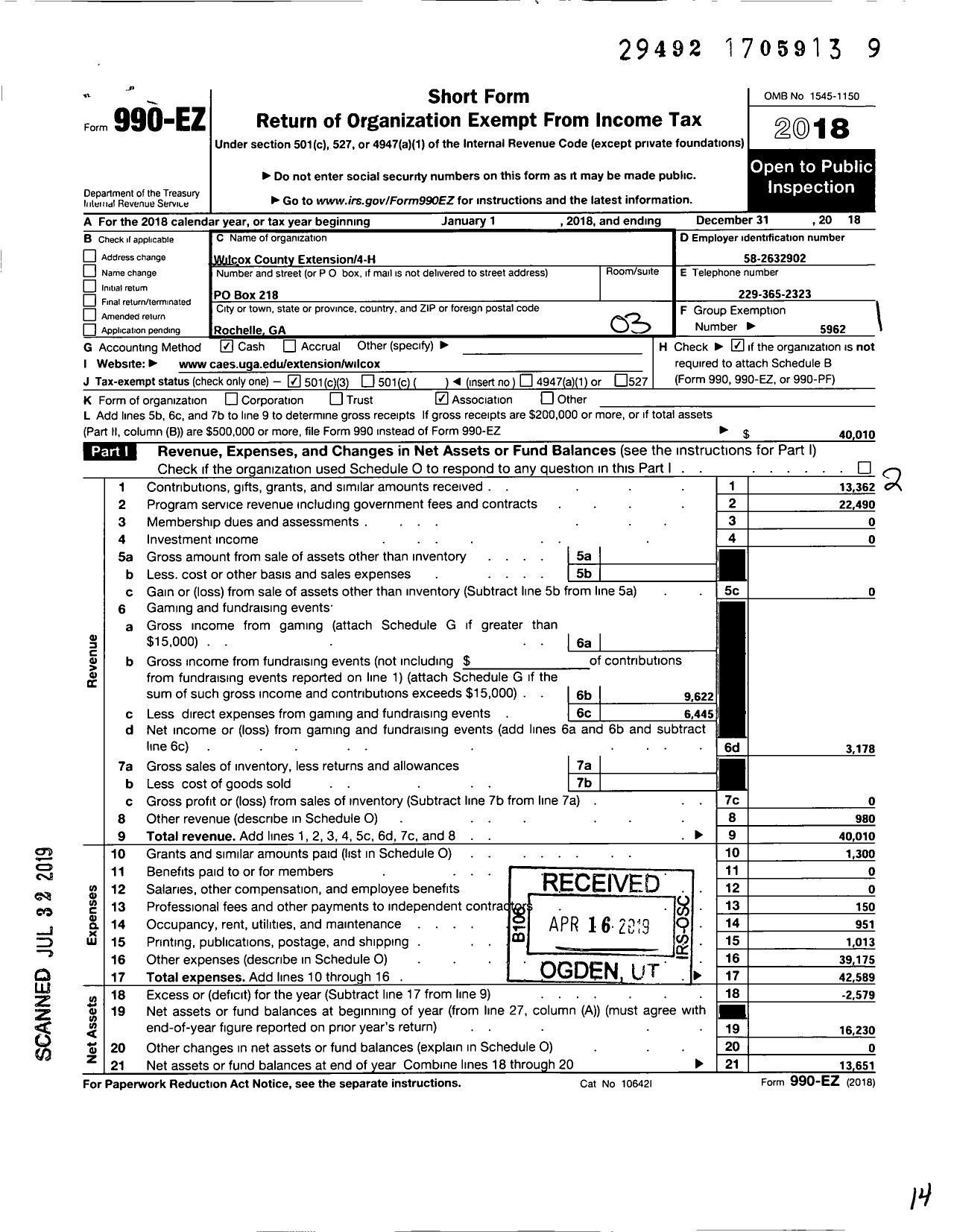 Image of first page of 2018 Form 990EZ for Georgia Extension 4-H Foundation / Wilcox County Extension 4-H