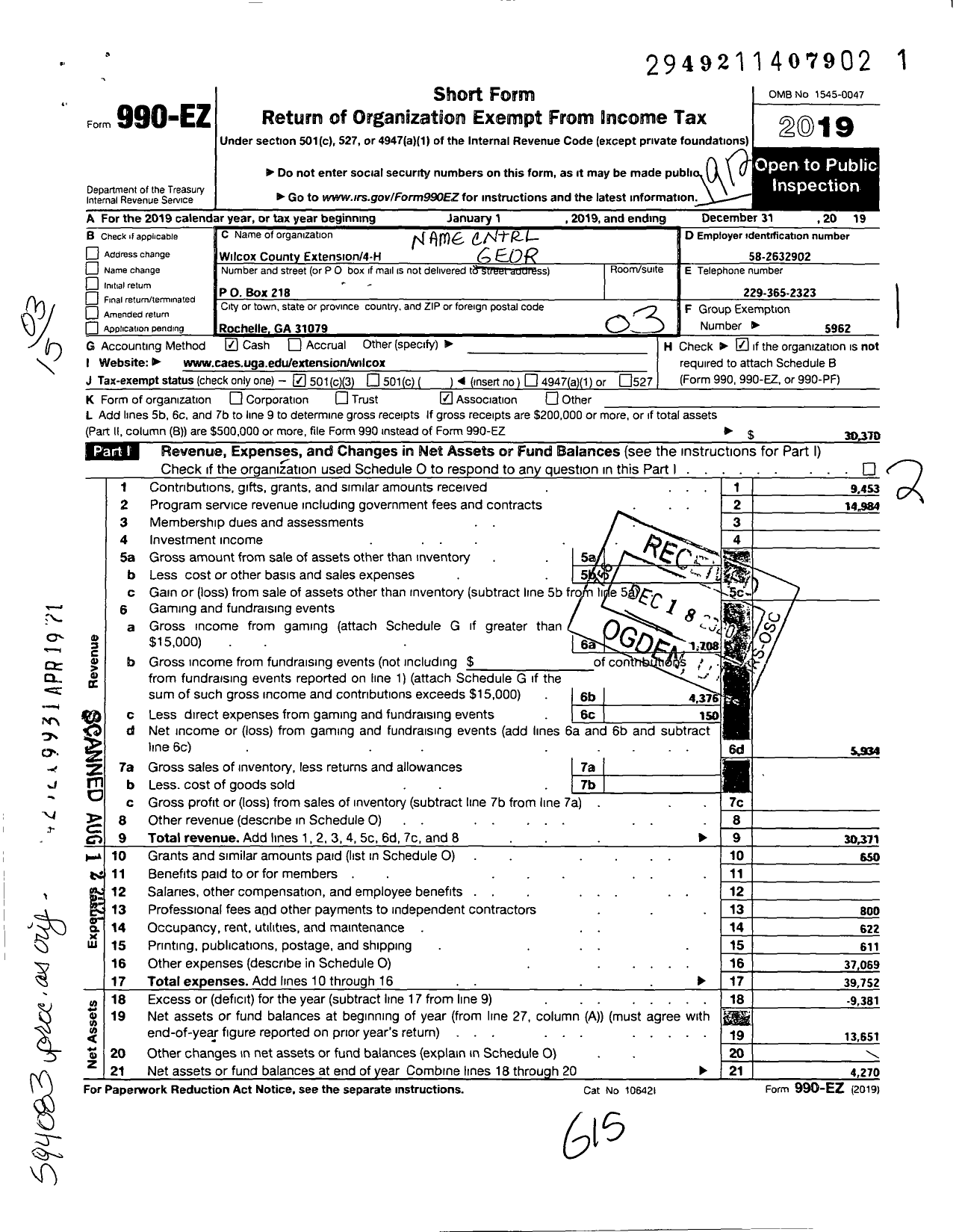 Image of first page of 2019 Form 990EZ for Georgia Extension 4-H Foundation / Wilcox County Extension 4-H