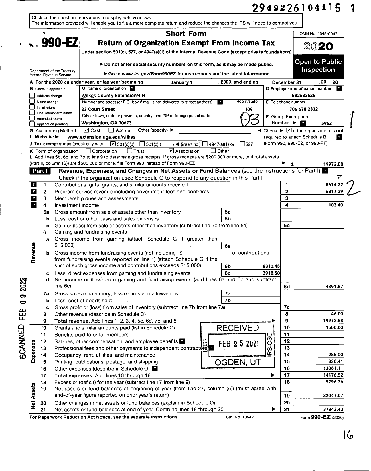 Image of first page of 2020 Form 990EZ for Georgia Extension 4-H Foundation / Wilkes County Extension 4-H