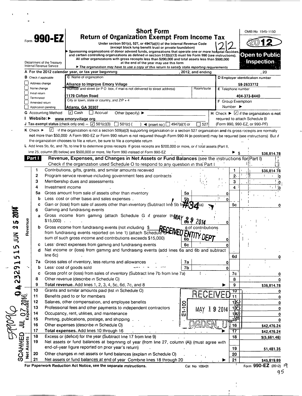 Image of first page of 2012 Form 990EZ for Alliance To Improve Emory Village