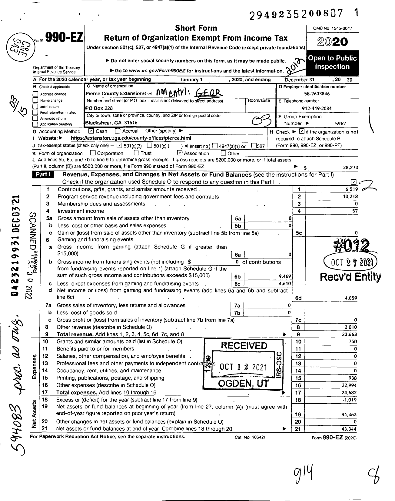 Image of first page of 2020 Form 990EZ for Pierce County Extension4-H