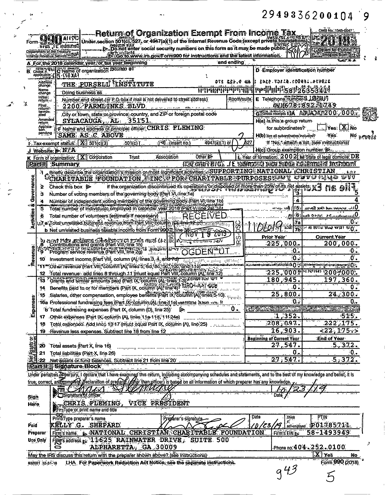 Image of first page of 2018 Form 990 for The Pursell Institute