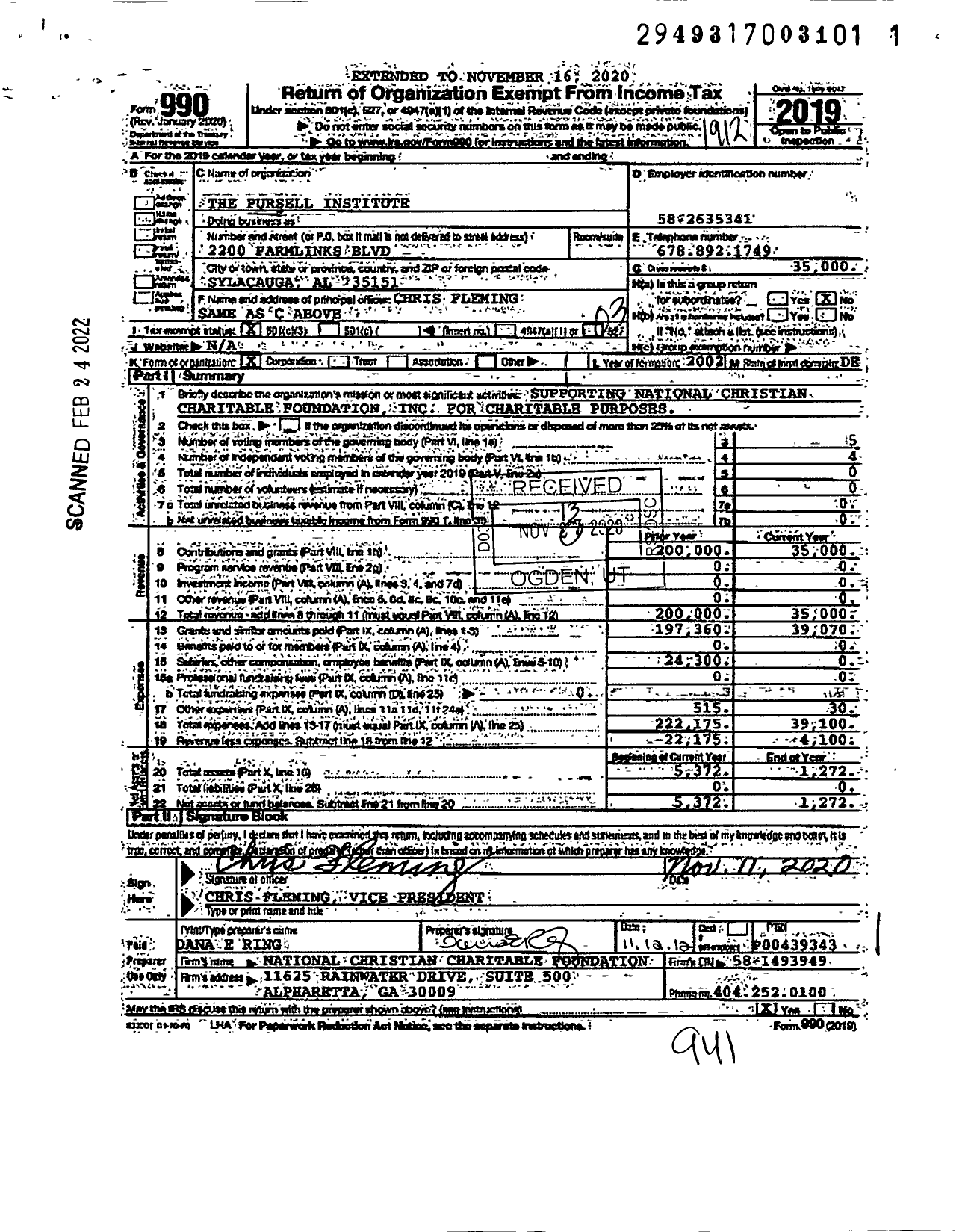 Image of first page of 2019 Form 990 for The Pursell Institute