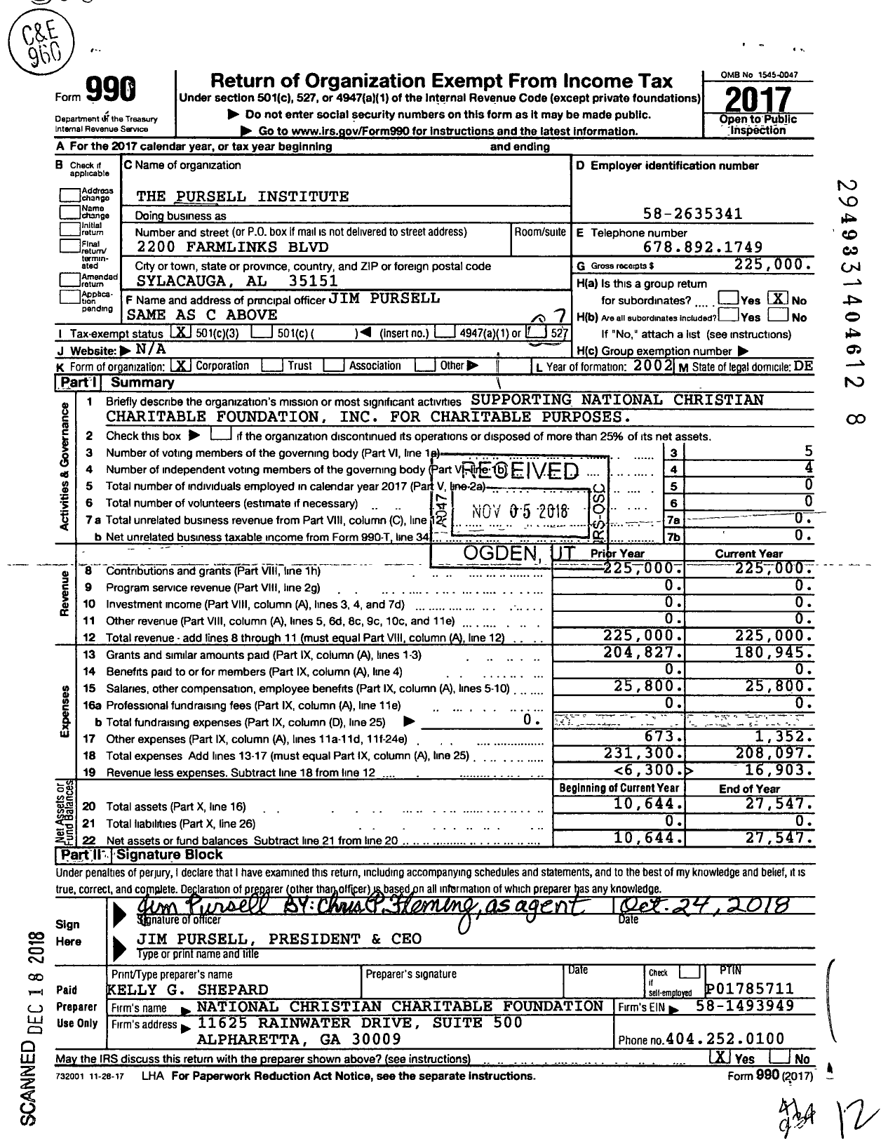 Image of first page of 2017 Form 990 for The Pursell Institute