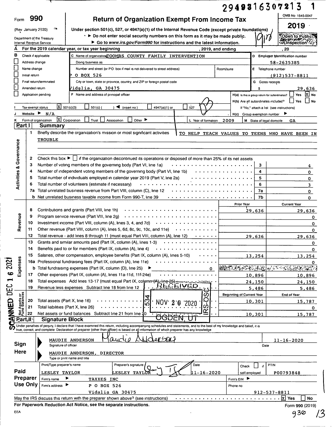 Image of first page of 2019 Form 990 for Toombs County Family Intervention