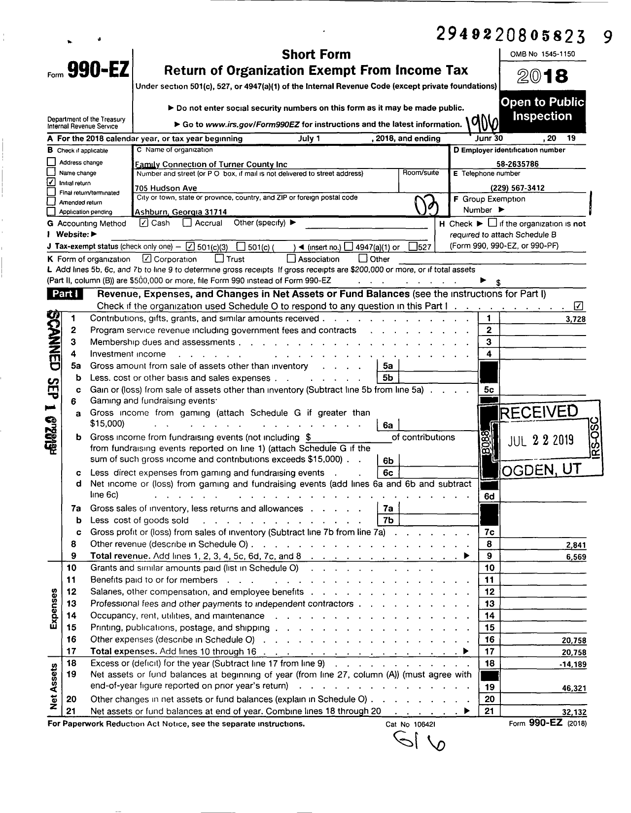 Image of first page of 2018 Form 990EZ for Family Connection of Turner County
