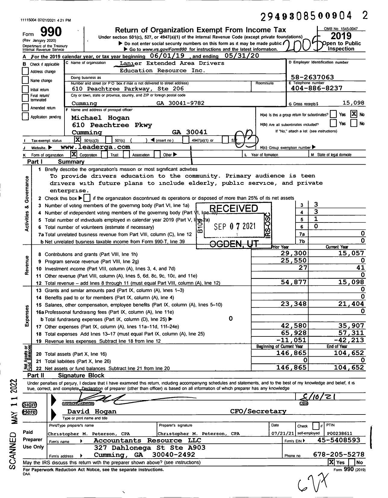 Image of first page of 2019 Form 990 for Lanier Extended Area Drivers Education Resource