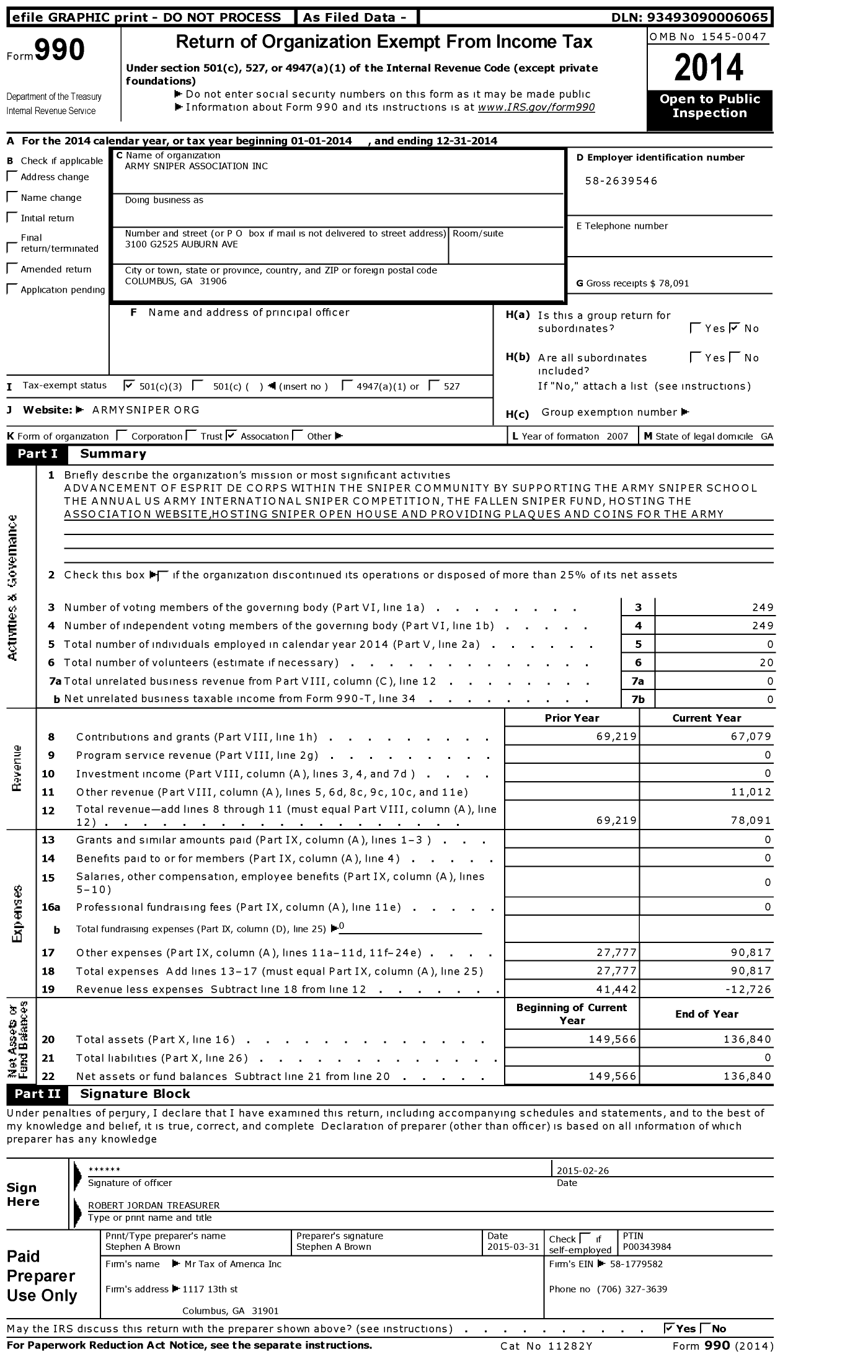 Image of first page of 2014 Form 990 for The Army Sniper Associaton