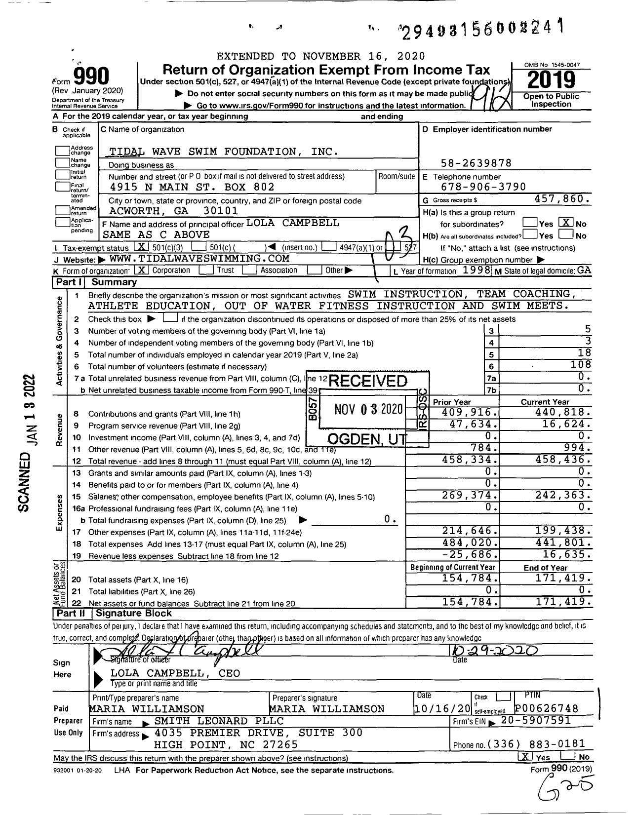 Image of first page of 2019 Form 990 for Tidal Wave Swim Foundation