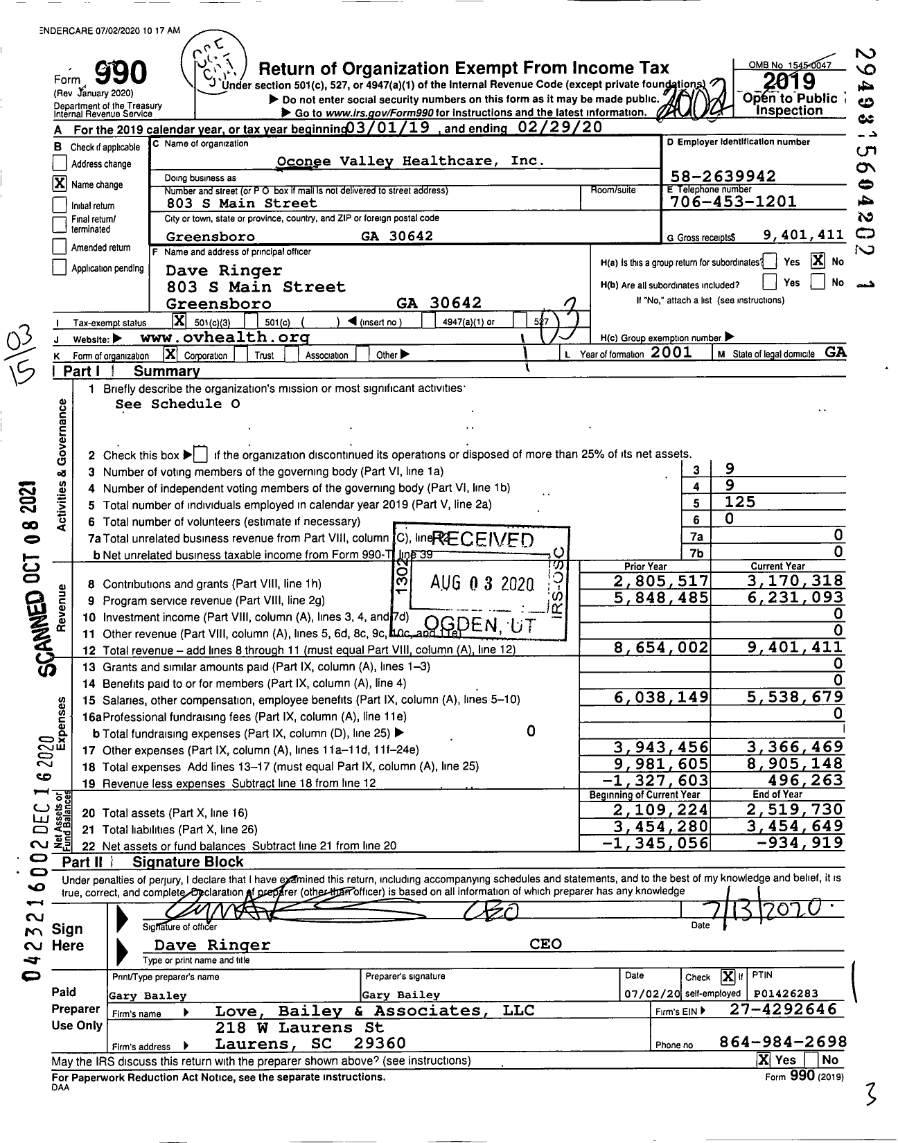 Image of first page of 2019 Form 990 for Oconee Valley Healthcare