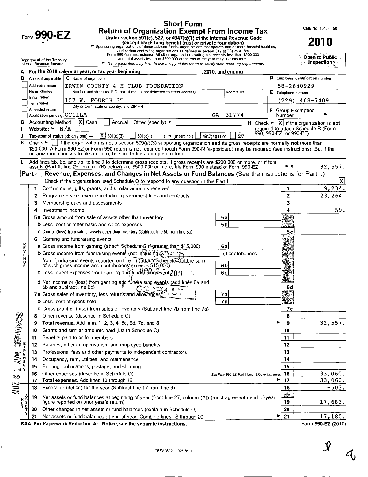 Image of first page of 2010 Form 990EZ for Georgia Extension 4-H Foundation / Irwin County Extension 4-H