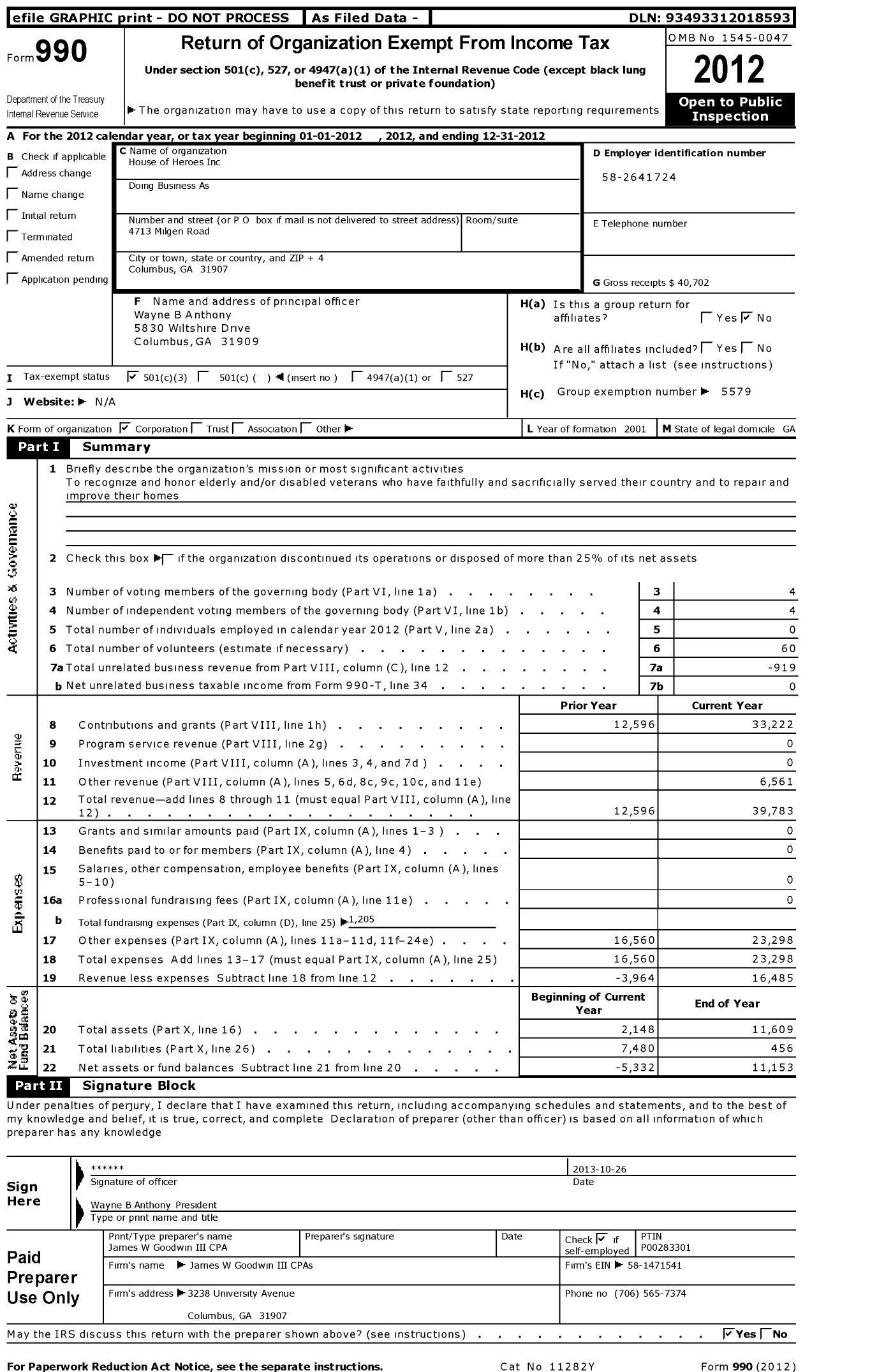 Image of first page of 2012 Form 990 for House of Heroes