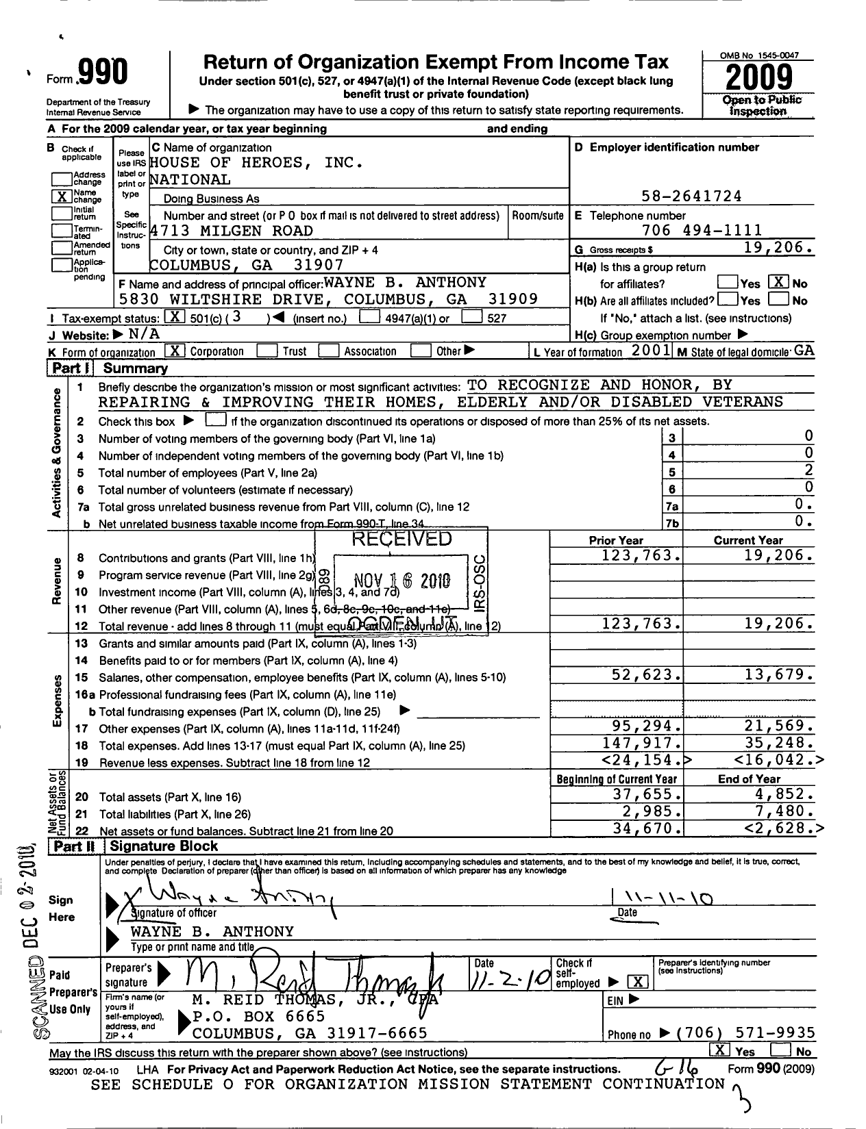 Image of first page of 2009 Form 990 for House of Heroes