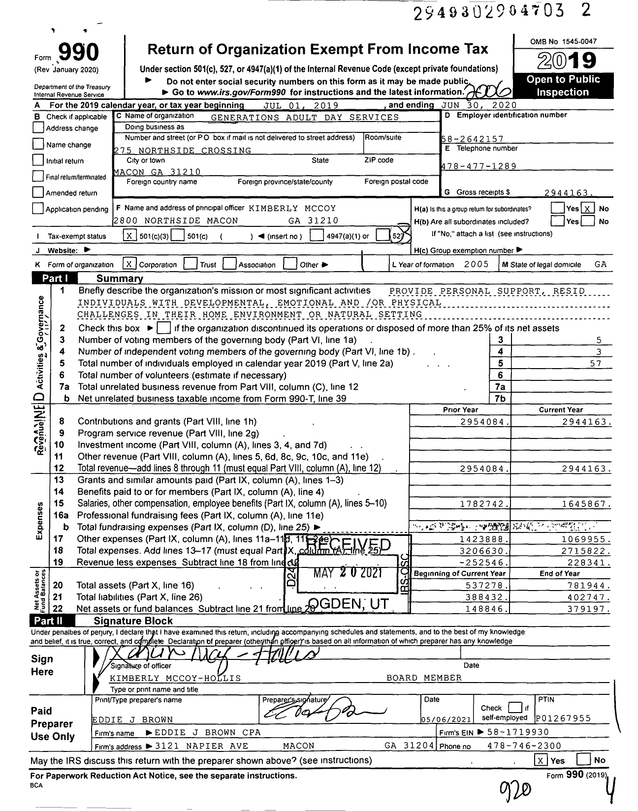 Image of first page of 2019 Form 990 for Generations Adult Day Services