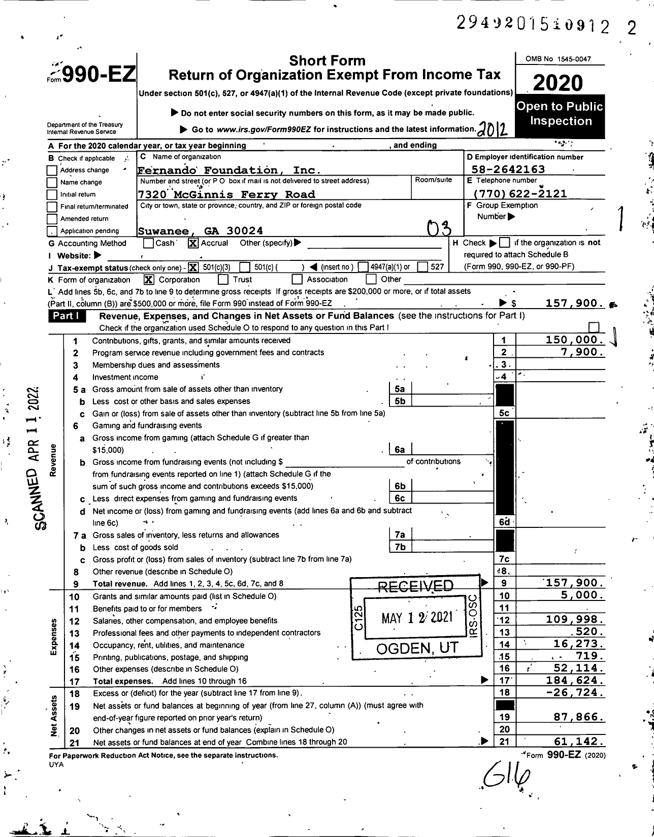 Image of first page of 2020 Form 990EZ for Fernando Foundation