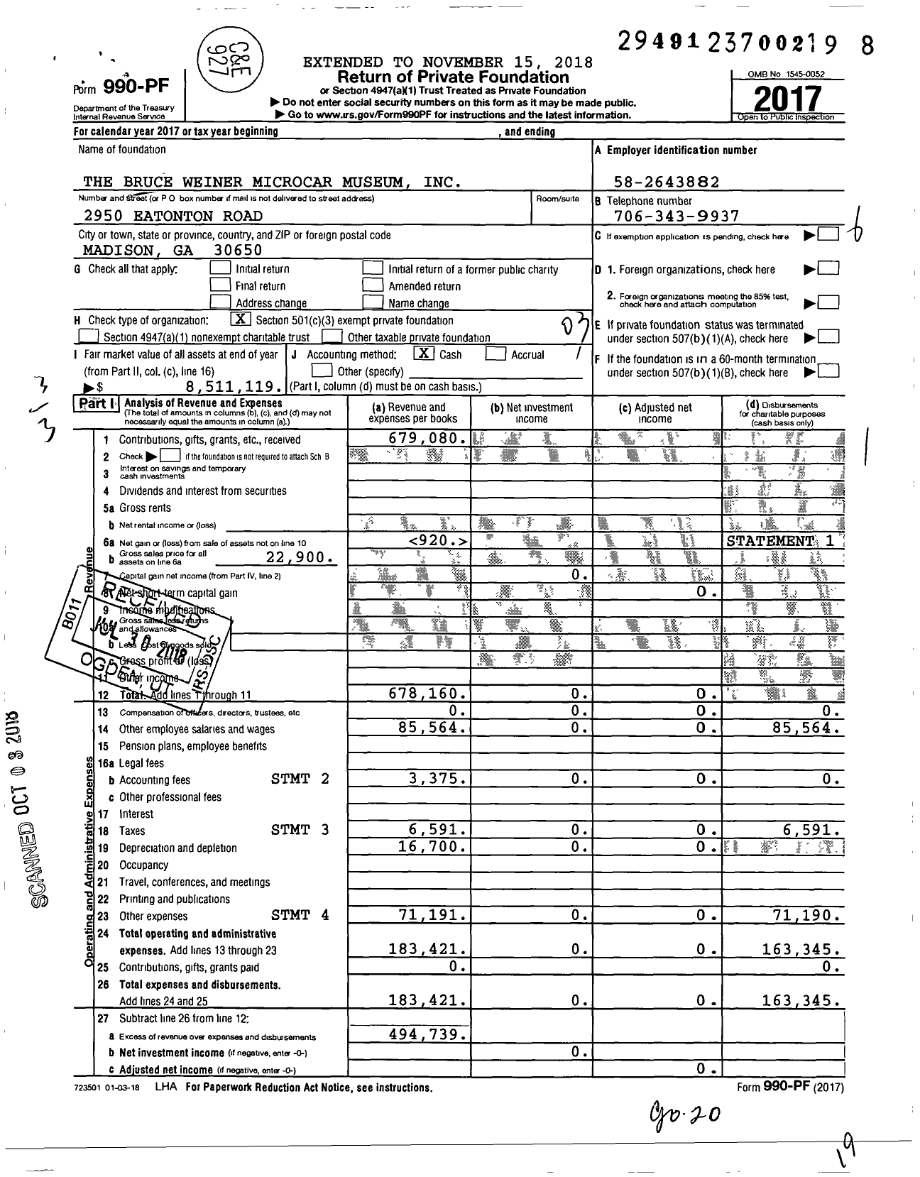 Image of first page of 2017 Form 990PF for The Bruce Weiner Microcar Museum