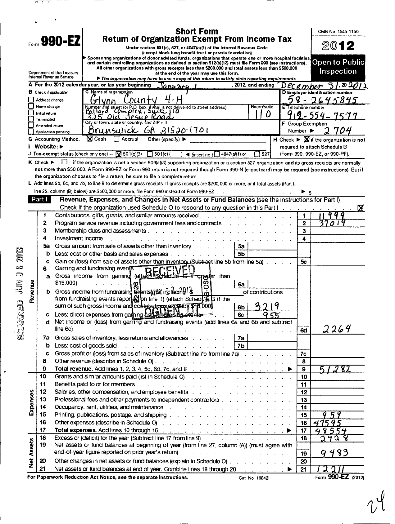 Image of first page of 2012 Form 990EZ for Georgia Extension 4-H Foundation / Glynn County Extension 4-H