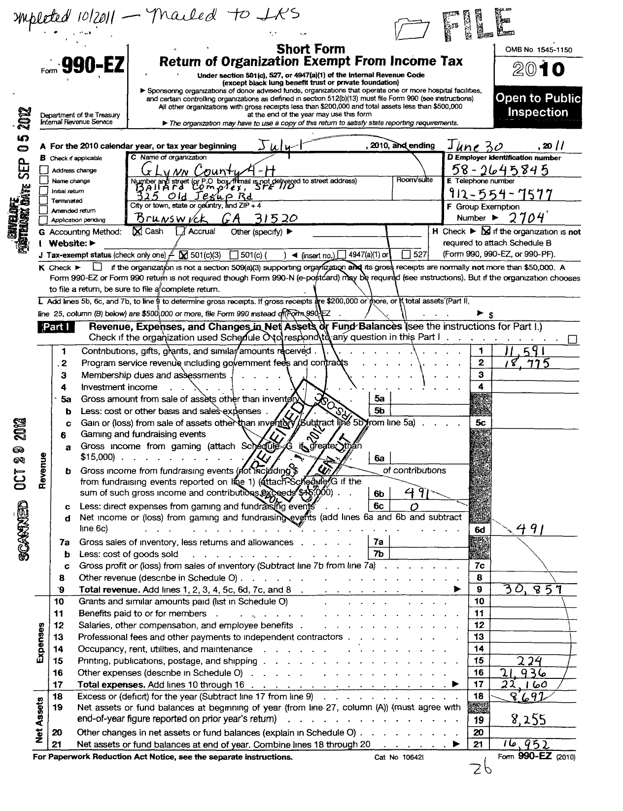 Image of first page of 2010 Form 990EZ for Georgia Extension 4-H Foundation / Glynn County Extension 4-H