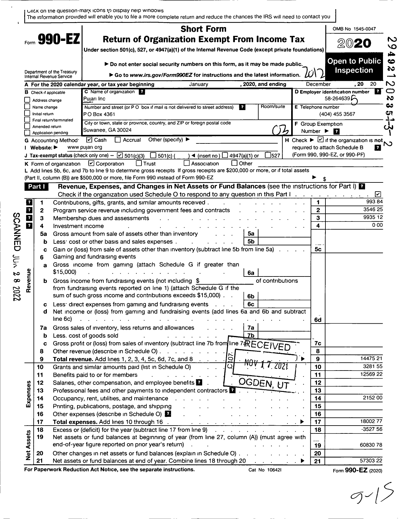 Image of first page of 2020 Form 990EZ for Pujari