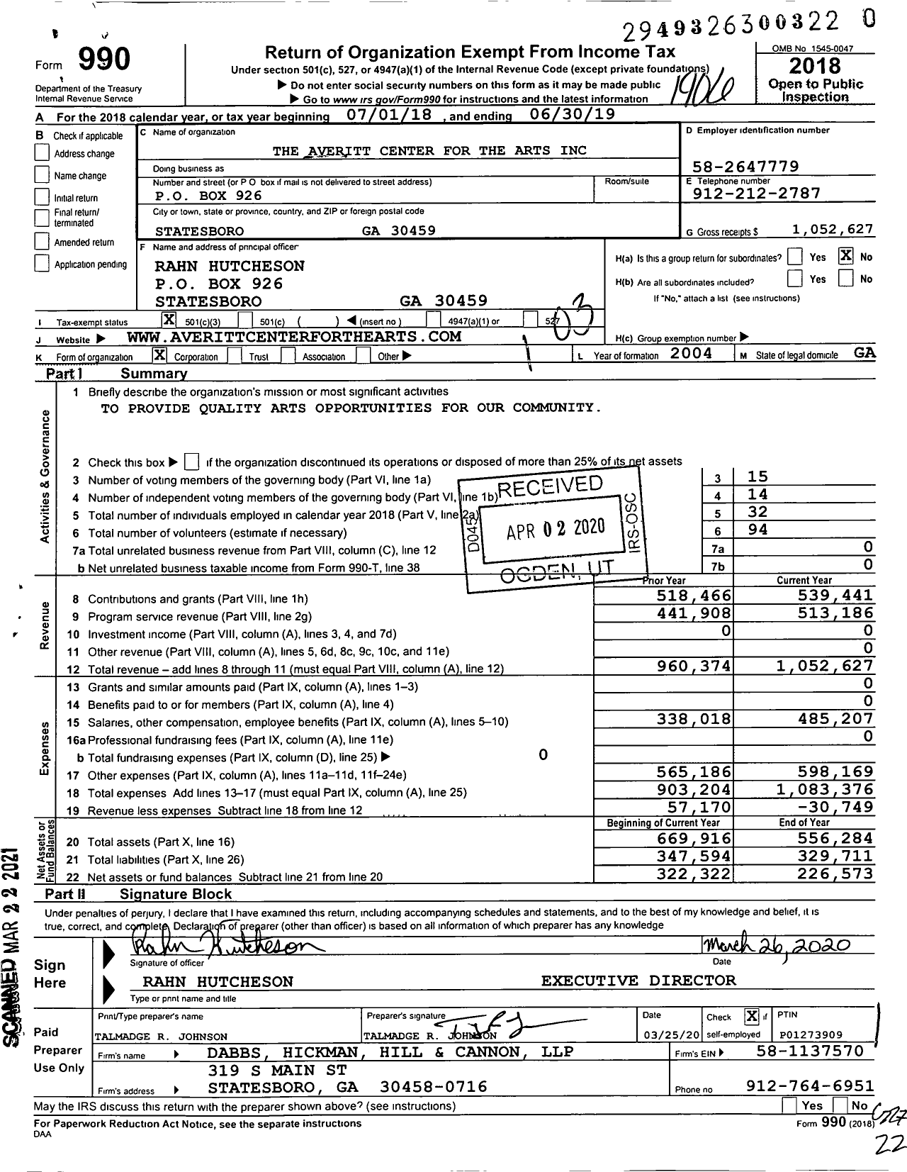 Image of first page of 2018 Form 990 for The Averitt Center for the Arts (ACA)