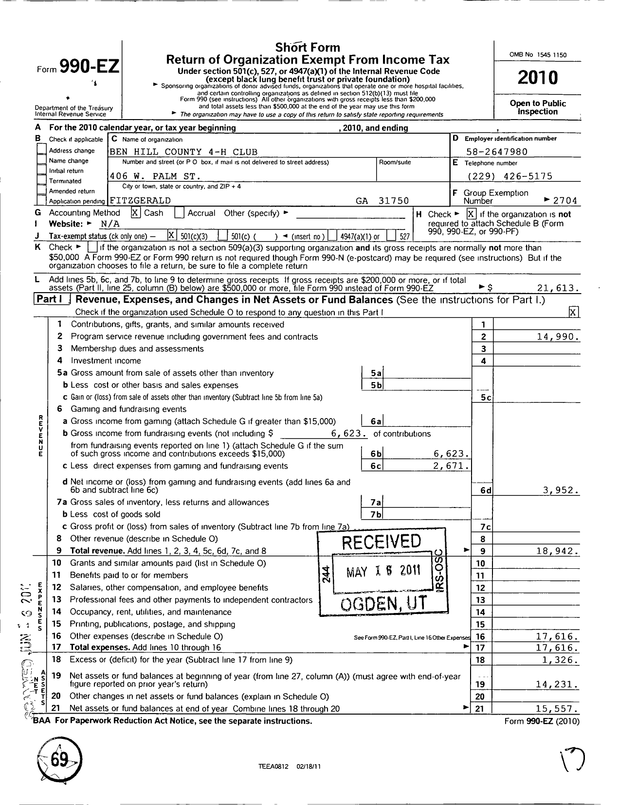 Image of first page of 2010 Form 990EZ for Georgia Extension 4-H Foundation / Ben Hill County Extension 4-H