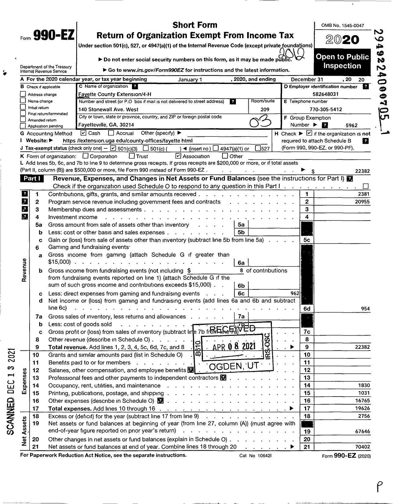 Image of first page of 2020 Form 990EZ for Fayette County Extension 4-H